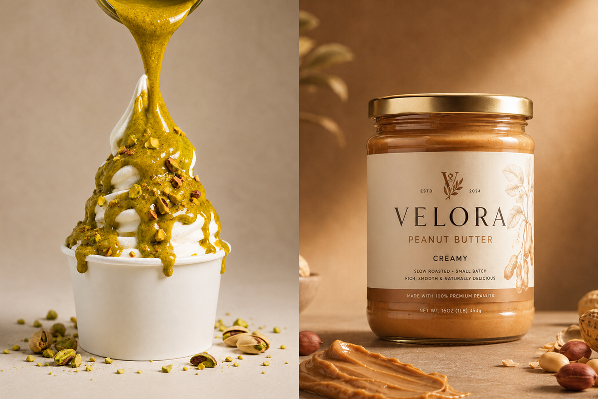 OEM / Private Label — ไอศกรีมซอฟต์ราดซอสพิสตาชิโอ และ Peanut Butter แบรนด์ Velora